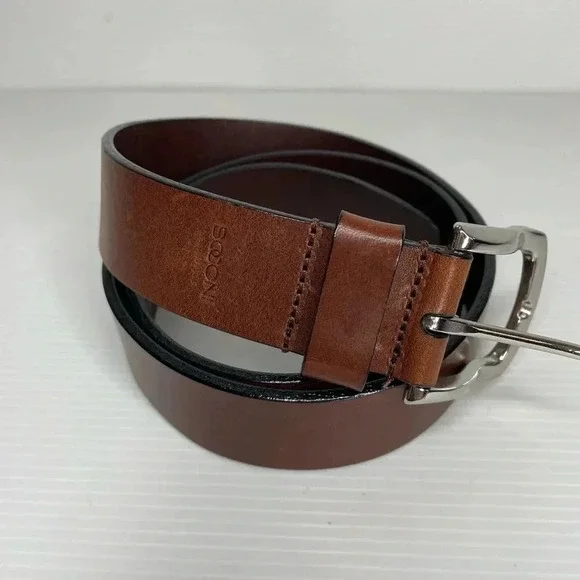 Boconi Nashville Brown Leather Belt Handcrafted Silver Tone Buckle Size 34 - Picture 1 of 10